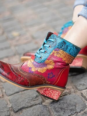 Vintage Casual Floral Lace-Up Ankle Boots - Image 3