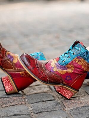 Vintage Casual Floral Lace-Up Ankle Boots - Image 4