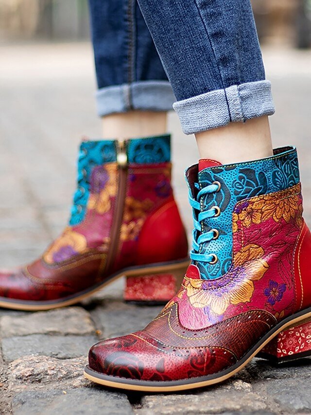 Vintage Casual Floral Lace-Up Ankle Boots - Image 5