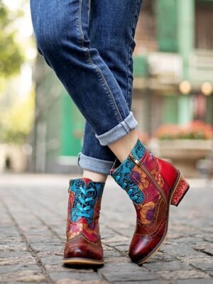 Vintage Casual Floral Lace-Up Ankle Boots - Image 6