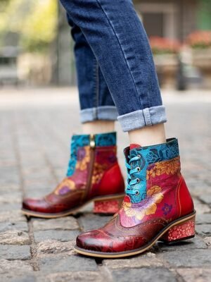 Vintage Casual Floral Lace-Up Ankle Boots - Image 7