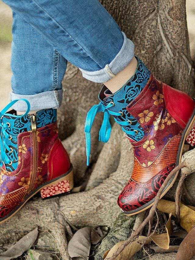 Vintage Casual Floral Lace-Up Ankle Boots - Image 9