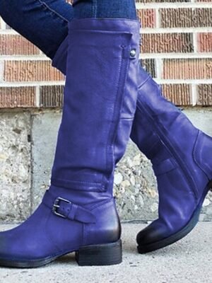 Vintage Casual Knee-High Round Toe Buckle Riding Boots - Image 1