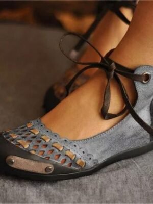 Vintage Casual Suede Hollow-Out Lace-Up Flat Ballet Shoes - Image 1