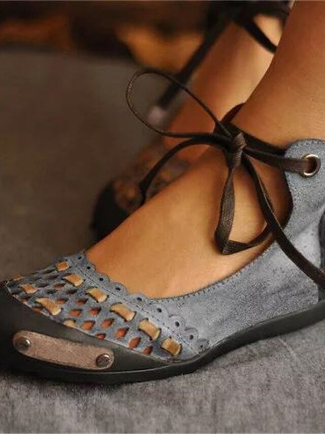 Vintage Casual Suede Hollow-Out Lace-Up Flat Ballet Shoes - Image 1