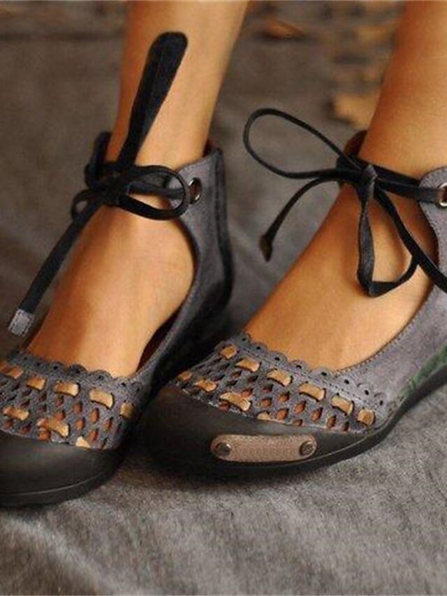Vintage Casual Suede Hollow-Out Lace-Up Flat Ballet Shoes - Image 2