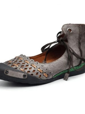 Vintage Casual Suede Hollow-Out Lace-Up Flat Ballet Shoes - Image 3