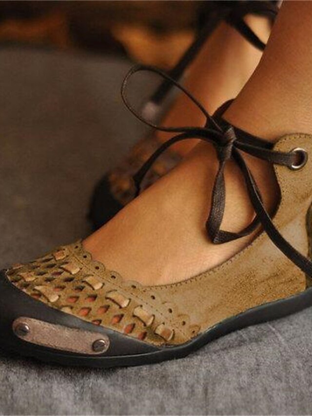 Vintage Casual Suede Hollow-Out Lace-Up Flat Ballet Shoes - Image 4