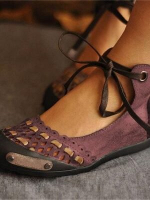 Vintage Casual Suede Hollow-Out Lace-Up Flat Ballet Shoes - Image 6