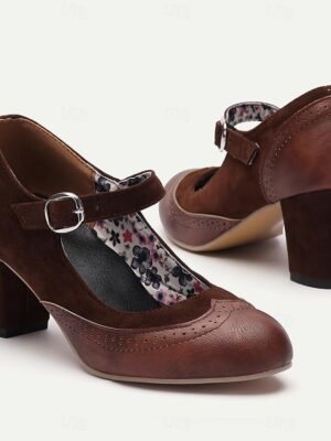 Vintage Chunky Heel Brogue Round Toe Mary Jane Heels - Image 4