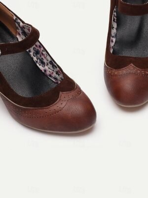 Vintage Chunky Heel Brogue Round Toe Mary Jane Heels - Image 5