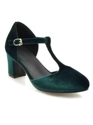 Vintage Elegant Green Velvet T-Strap Block Heel Mary Jane Heels - Image 1