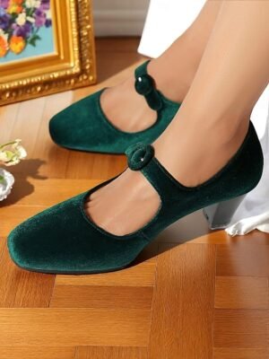 Vintage Elegant Green Velvet T-Strap Block Heel Mary Jane Heels - Image 14