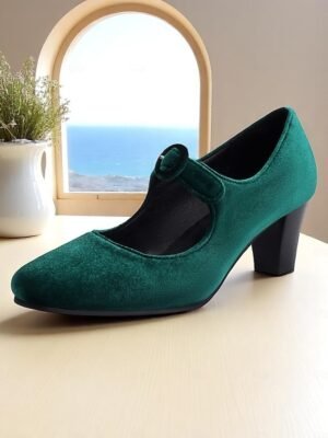 Vintage Elegant Green Velvet T-Strap Block Heel Mary Jane Heels - Image 15