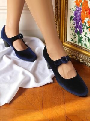 Vintage Elegant Green Velvet T-Strap Block Heel Mary Jane Heels - Image 17