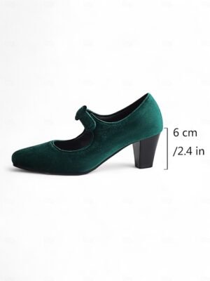 Vintage Elegant Green Velvet T-Strap Block Heel Mary Jane Heels - Image 21