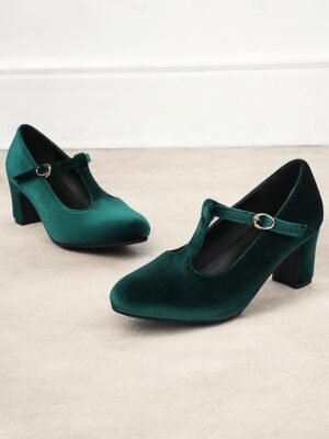 Vintage Elegant Green Velvet T-Strap Block Heel Mary Jane Heels - Image 22