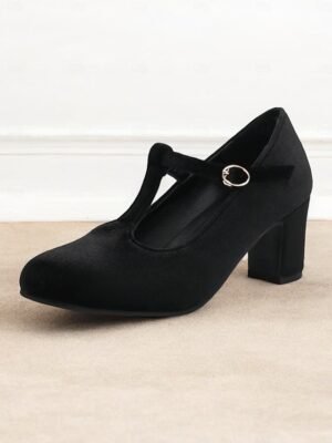 Vintage Elegant Green Velvet T-Strap Block Heel Mary Jane Heels - Image 32