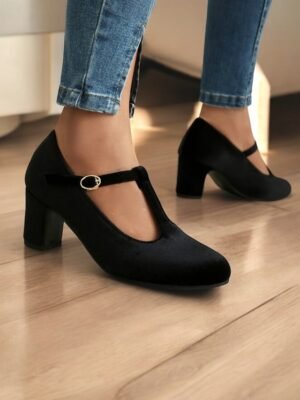 Vintage Elegant Green Velvet T-Strap Block Heel Mary Jane Heels - Image 34