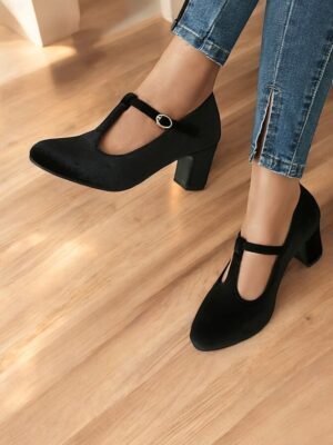 Vintage Elegant Green Velvet T-Strap Block Heel Mary Jane Heels - Image 36