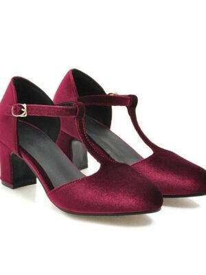 Vintage Elegant Green Velvet T-Strap Block Heel Mary Jane Heels - Image 5