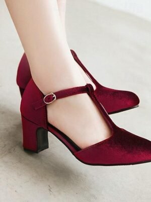 Vintage Elegant Green Velvet T-Strap Block Heel Mary Jane Heels - Image 6