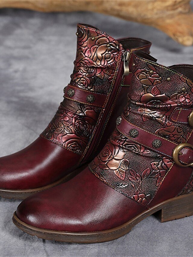 Vintage Floral Embossed Pointed Toe Leather Ankle Boots - Image 1