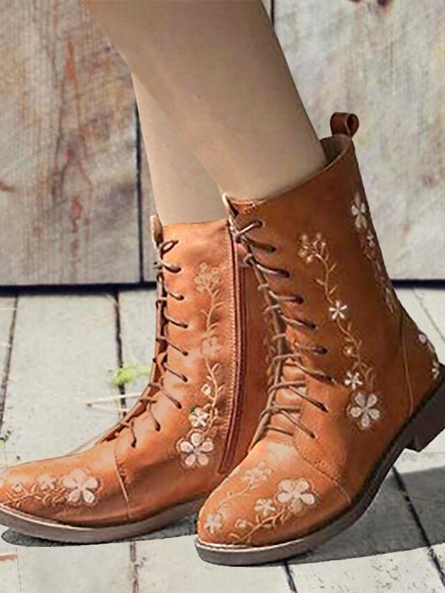 Vintage Floral Embroidered Round Toe Lace-Up Ankle Boots - Image 2