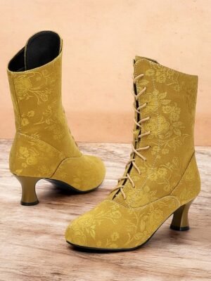 Vintage Floral Lace-Up Ankle Mid Heel Jacquard Boots - Image 1