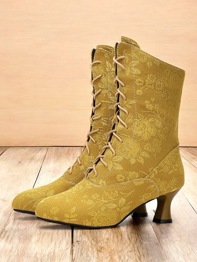 Vintage Floral Lace-Up Ankle Mid Heel Jacquard Boots - Image 2