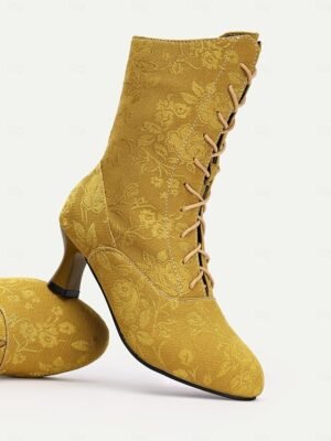 Vintage Floral Lace-Up Ankle Mid Heel Jacquard Boots - Image 3