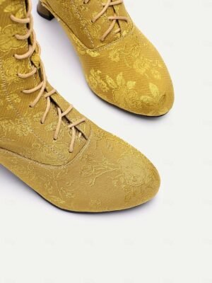 Vintage Floral Lace-Up Ankle Mid Heel Jacquard Boots - Image 4