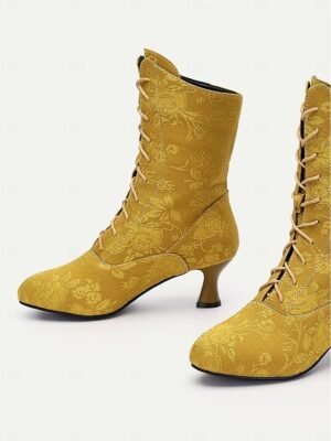 Vintage Floral Lace-Up Ankle Mid Heel Jacquard Boots - Image 5