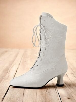 Vintage Floral Lace-Up Ankle Mid Heel Jacquard Boots - Image 7