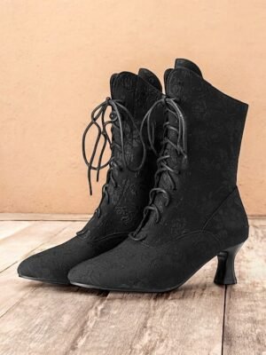 Vintage Floral Lace-Up Ankle Mid Heel Jacquard Boots - Image 8
