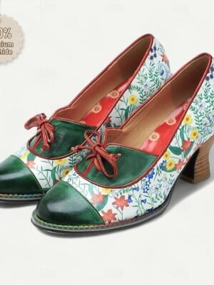 Vintage Floral Lace-Up Cowhide Leather Heels - Image 3