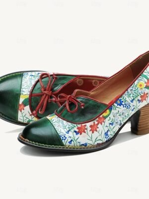 Vintage Floral Lace-Up Cowhide Leather Heels - Image 4