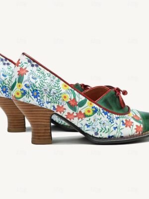 Vintage Floral Lace-Up Cowhide Leather Heels - Image 5