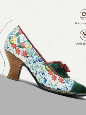 Vintage Floral Lace-Up Cowhide Leather Heels - Image 7