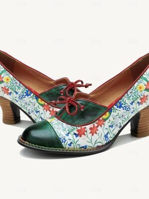 Vintage Floral Lace-Up Cowhide Leather Heels - Image 8