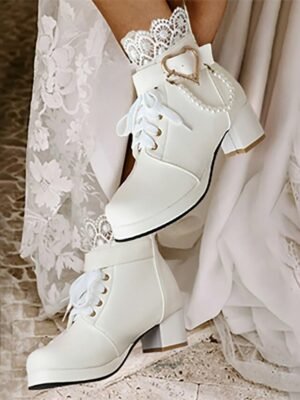 Vintage-Inspired Lace-Up Heart Pearl Chunky Heel Ankle Boots - Image 1
