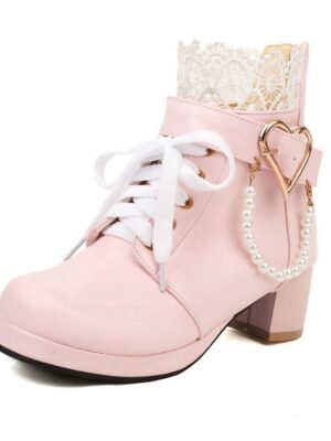 Vintage-Inspired Lace-Up Heart Pearl Chunky Heel Ankle Boots - Image 10