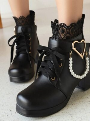 Vintage-Inspired Lace-Up Heart Pearl Chunky Heel Ankle Boots - Image 11