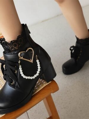 Vintage-Inspired Lace-Up Heart Pearl Chunky Heel Ankle Boots - Image 12