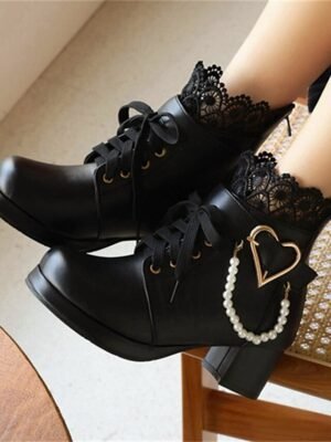 Vintage-Inspired Lace-Up Heart Pearl Chunky Heel Ankle Boots - Image 13