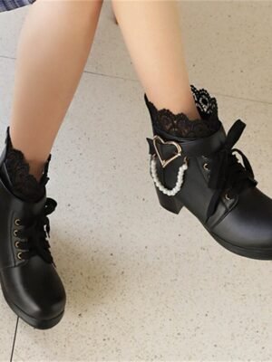 Vintage-Inspired Lace-Up Heart Pearl Chunky Heel Ankle Boots - Image 14