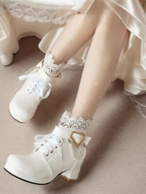 Vintage-Inspired Lace-Up Heart Pearl Chunky Heel Ankle Boots - Image 2