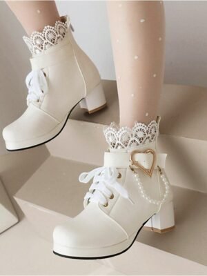 Vintage-Inspired Lace-Up Heart Pearl Chunky Heel Ankle Boots - Image 4