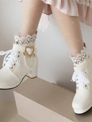 Vintage-Inspired Lace-Up Heart Pearl Chunky Heel Ankle Boots - Image 5