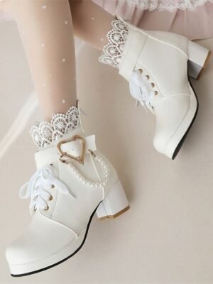 Vintage-Inspired Lace-Up Heart Pearl Chunky Heel Ankle Boots - Image 6